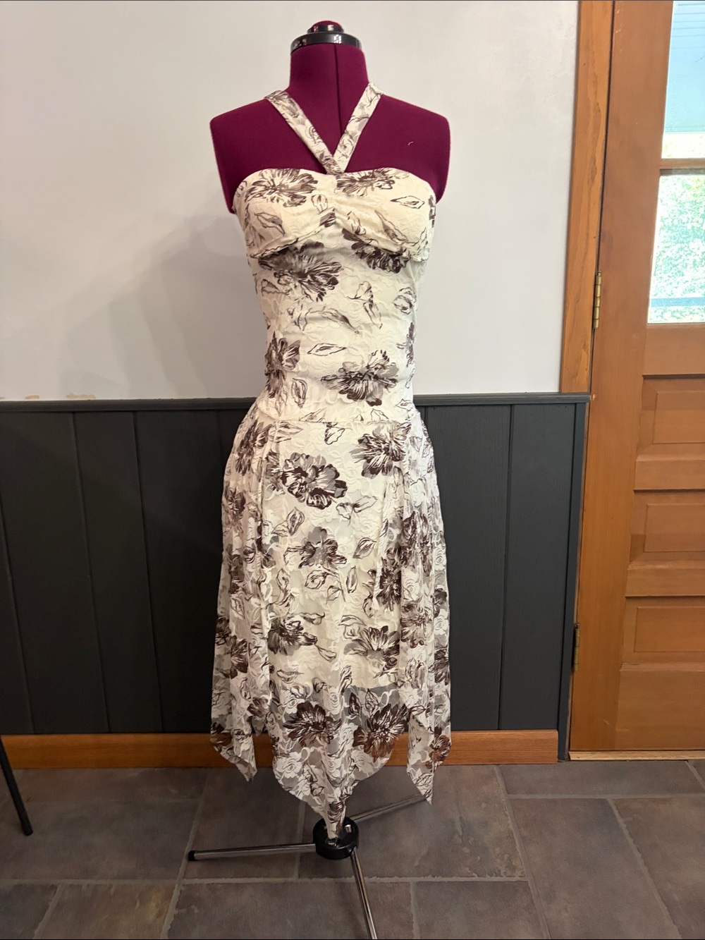 Floral Halter Midi Dress in Cream and Brown